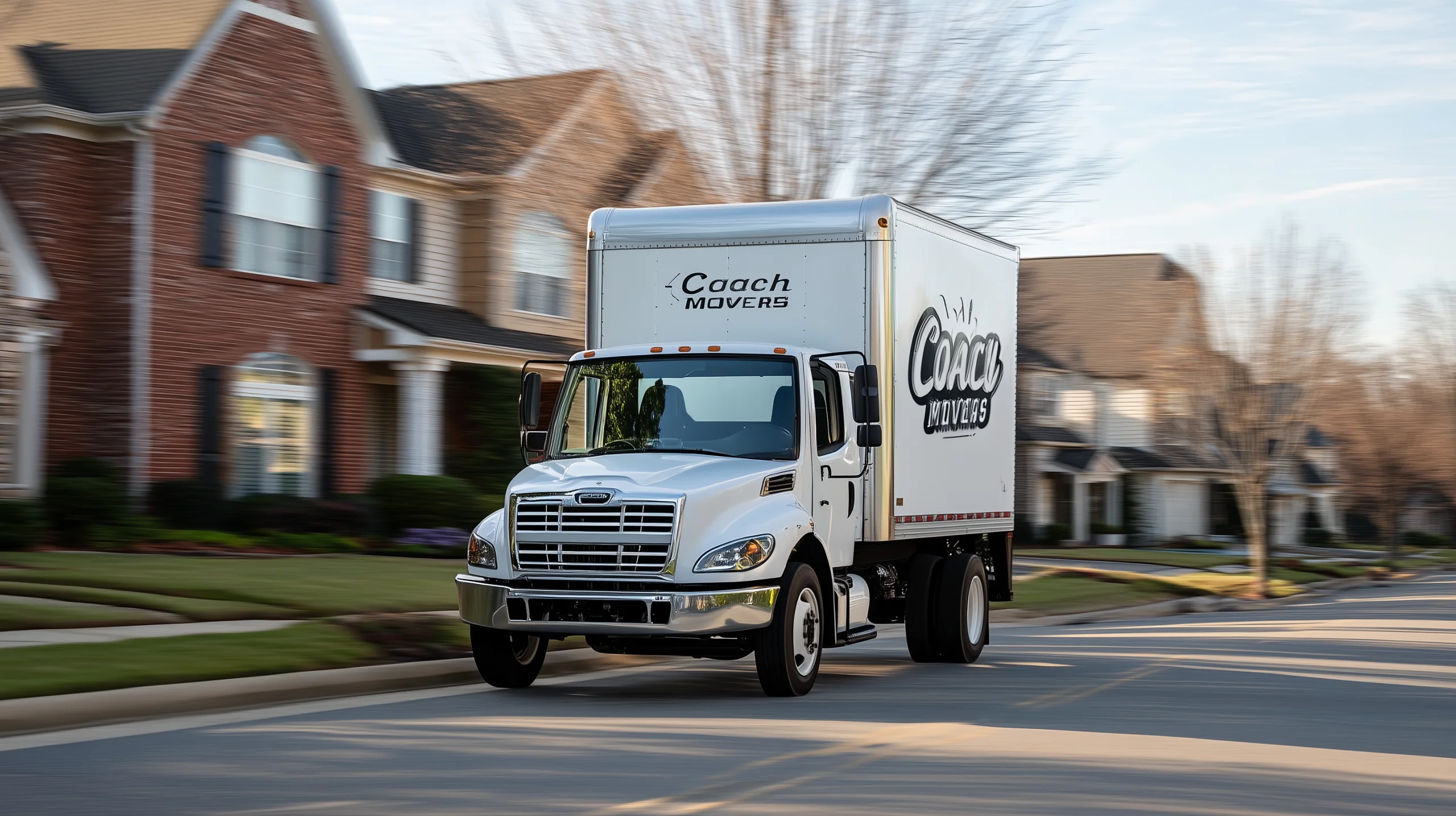 White Coach Movers truck on a tree-lined residential street